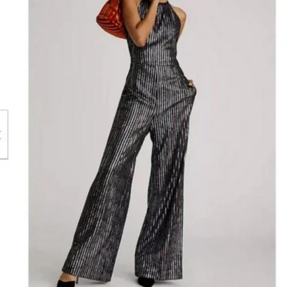 Anthropologie Maeve 26W NWT Metallic Disco Halter Wide Leg Jumpsuit Silver Black